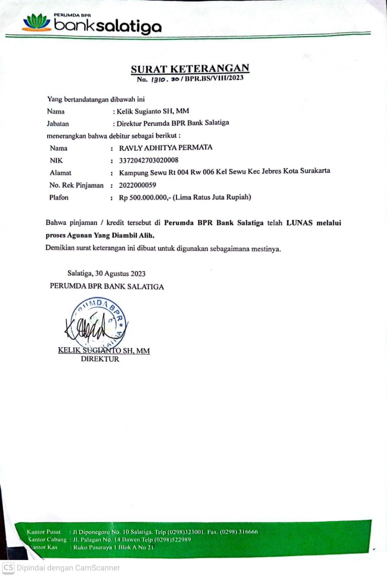 Kredit Lunas di Bank Salatiga, Ravly Aditya Permata Tetap Dipenjara