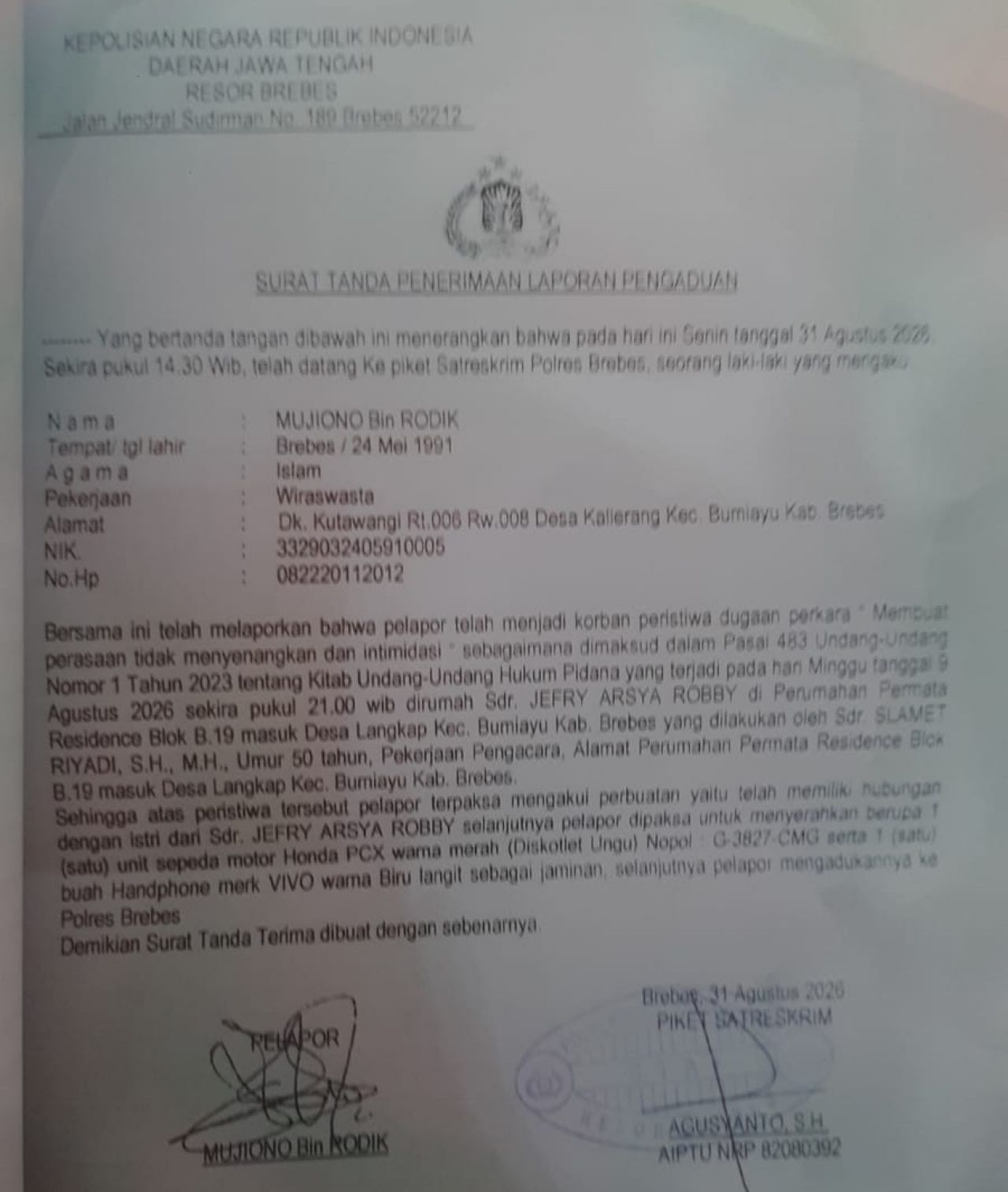 Oknum Advokat Diduga Intimidasi Klien, Korban Lapor ke Polres Brebes
